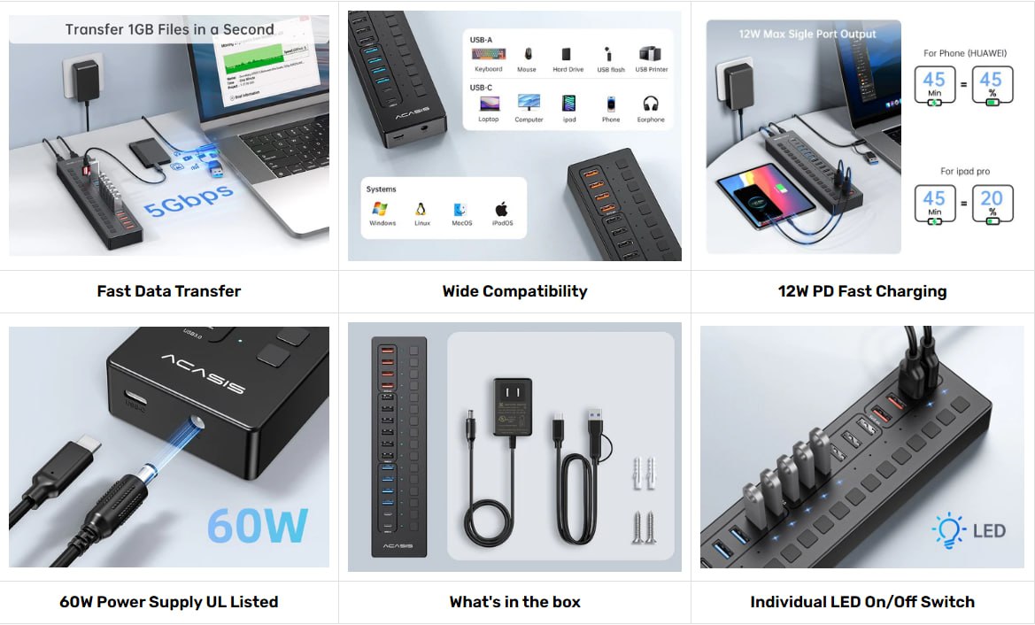 Розумний USB-хаб Acasis DS-516PB на 16 портів USB-C/USB 5 Гбіт/с розгалужувач з живленням від мережі